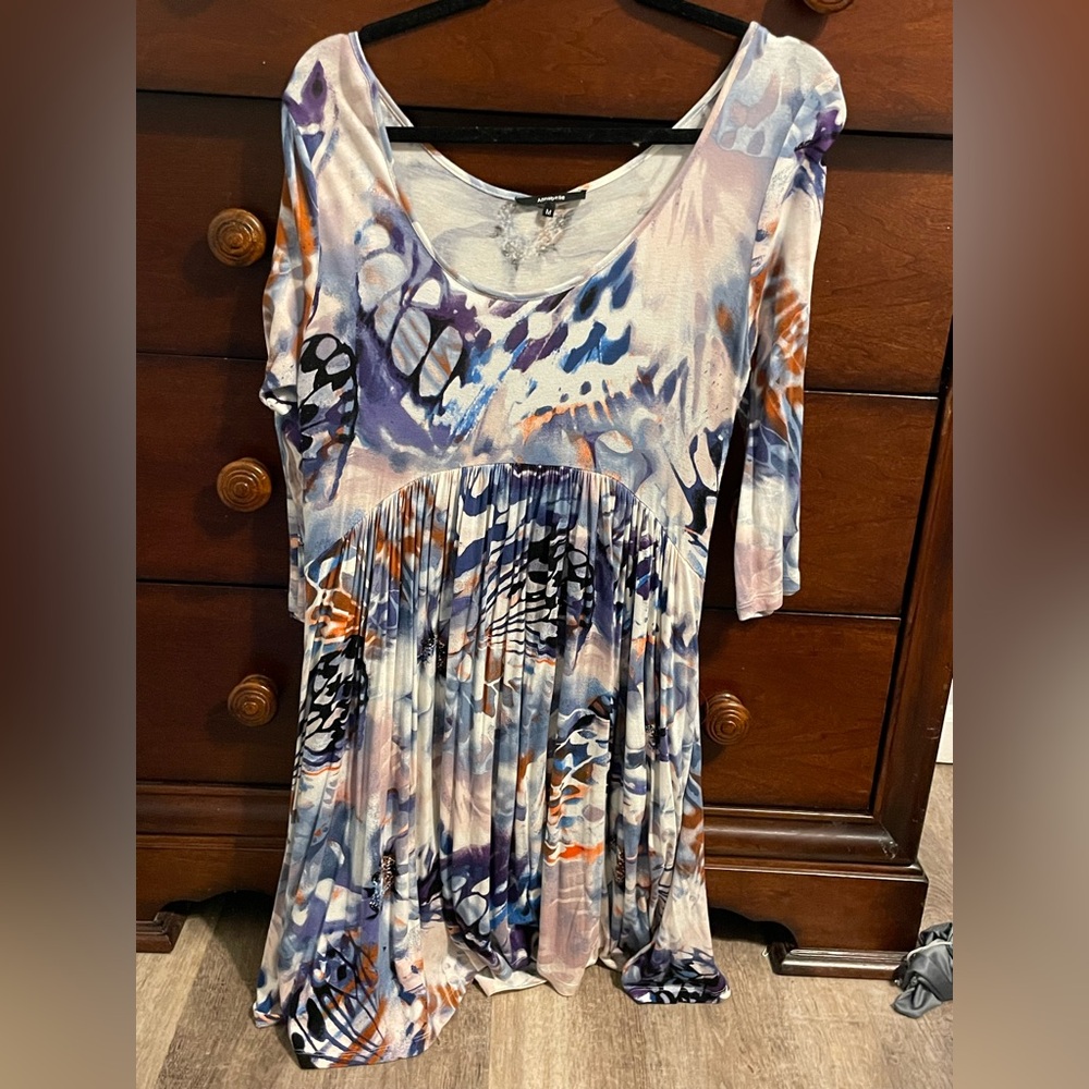 M Annabelle 3/4 sleeve scoop neck babydoll blue purple boho knit dress tunic